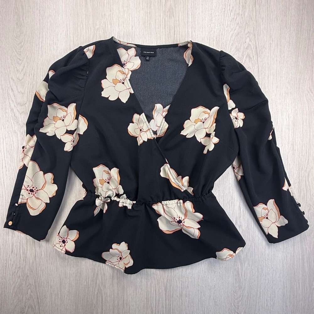 Who What Wear Floral Peplum Blouse Black Puff Sleeve‎ Cottage-core Romantic Med - Picture 2 of 6